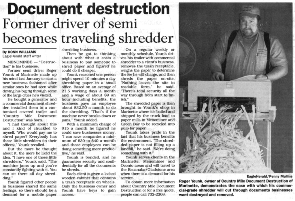 Newspaper article about Country Mile Document Destruction with the headline "Former driver of semi becomes traveling shredder"