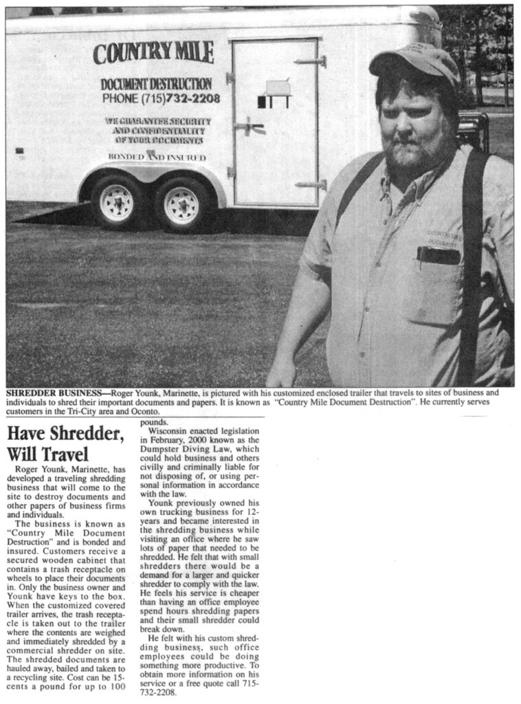 Newspaper article about Country Mile Document Destruction with the headline "Have Shredder, Will Travel"